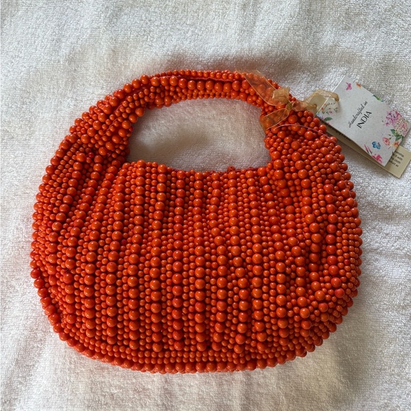 Handcrafted Handbags - Orange Beaded Shoulder Top Handle Bag Purse Viral Tik Tok Made in India NWT